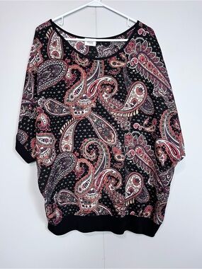 Chuva Collection Paisley Batwing Blouse Black Pink Cream Dolman Sleeve Top